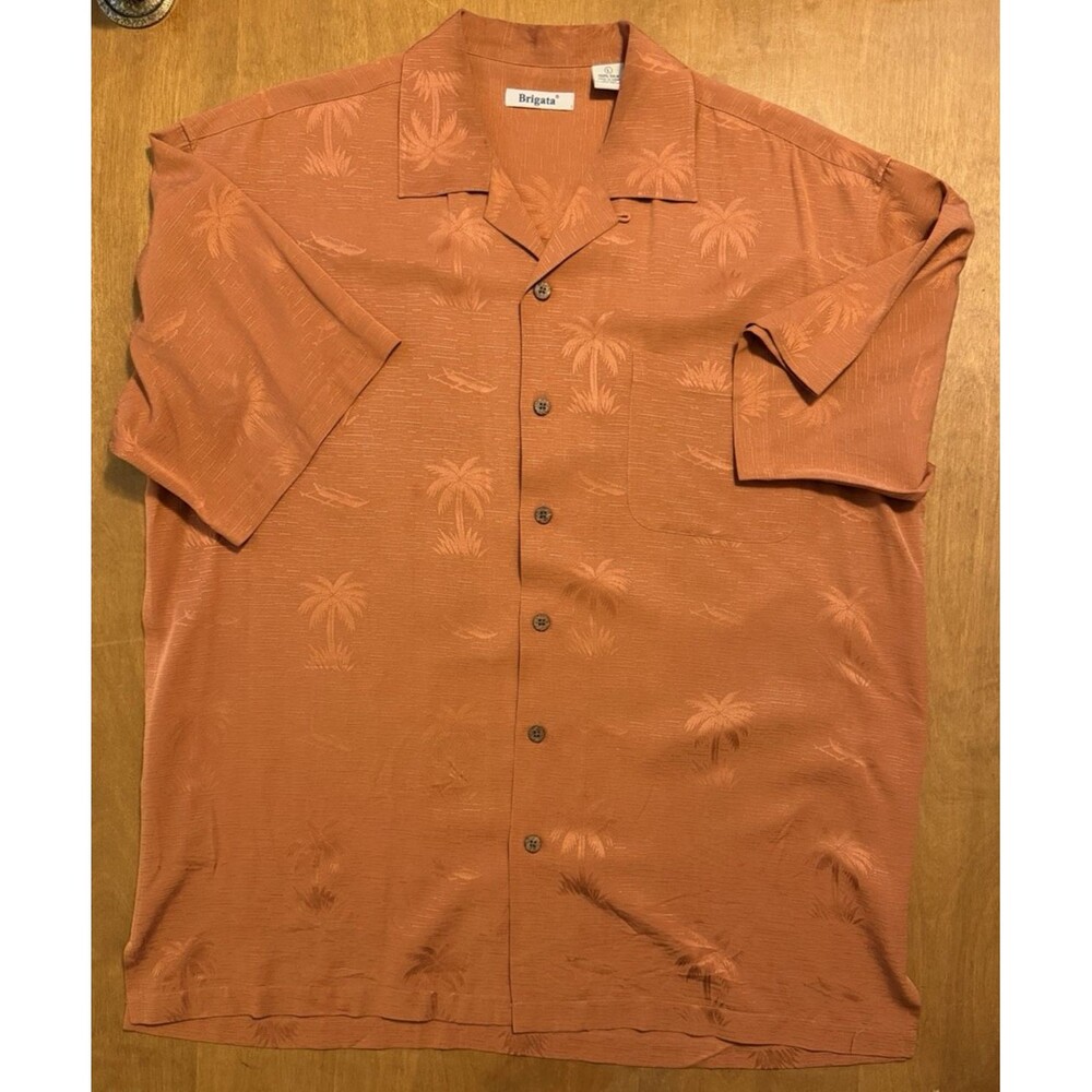 Brigata 100% Silk Men's Button Up Textured Hawaiian Camp Shirt Bronze/Rust Sz L